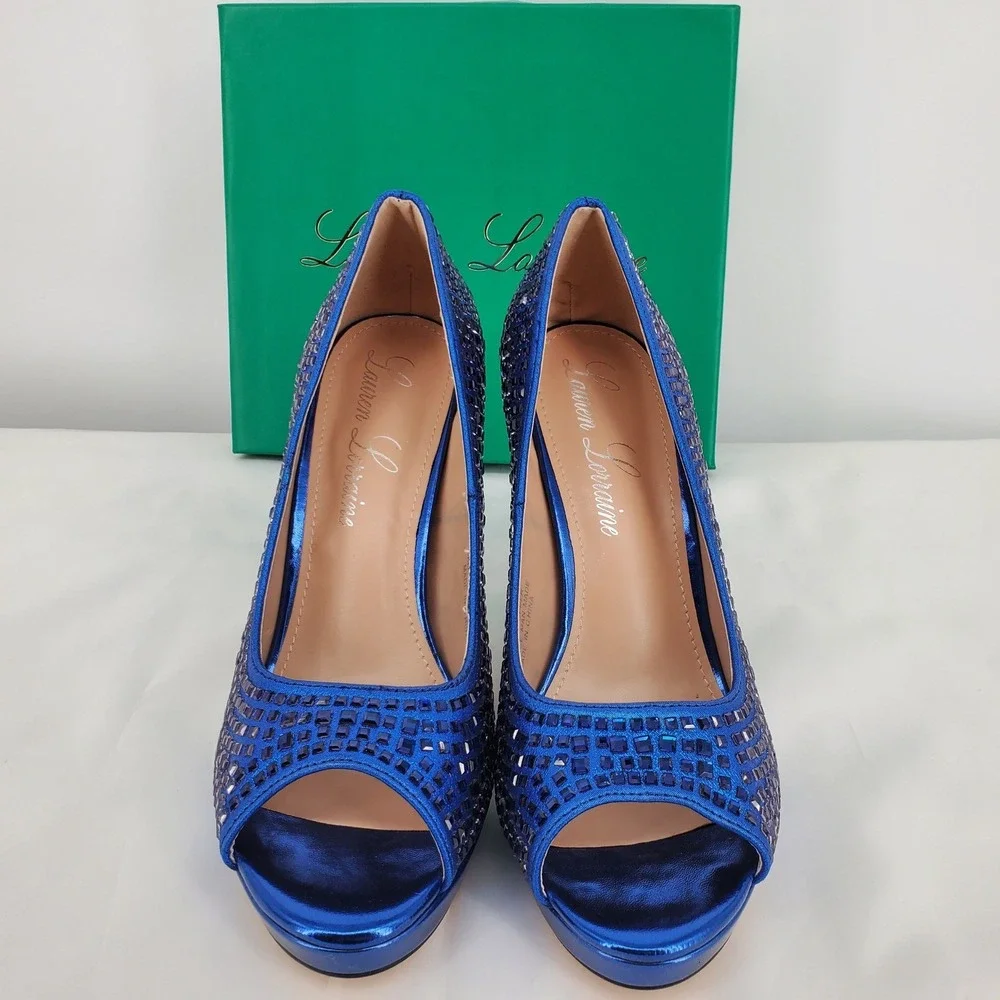 Lauren Lorraine Size 9.5 Candie 12 Rhinestone Peep Toe Platform Heels Navy Blue